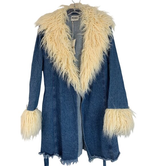 Rare New L Show Me Your Mumu Penny Lane Faux Fur Denim Coat RL10649 - Picture 11 of 14